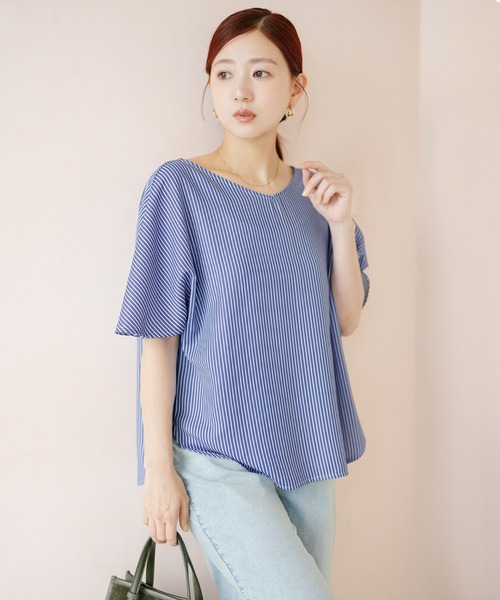 coca(coca)(コカ)の「【伊藤千晃様着用】\速乾/ Vネックドルマンスリーブブラウス(シャツ/ブラウス・レディース・ストライプ/アイボリー・S/M/L)」の7枚目の写真