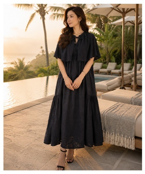 Sawa a la mode(サワアラモード)の「ケープ付きインド綿ワンピース(ワンピース・レディース・ブラック・FREE)」の6枚目の写真