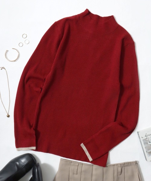 ANPAS(アンパス)の「Women’s Rib-Knit High Neck Sweater with Contrast Cuffs / レディース リブ編み 袖ライン配色 ハイネックセーター ニット 秋冬 フェミニン(ニット/セーター・レディース・レッド/グレー/アイボリー/ブラック・M/L)」の5枚目の写真