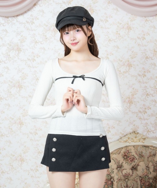 Mejoul（メジュール）の「【2026秋冬新作】ラメ入り胸元配色リボンラインリブトップス（Tシャツ/カットソー・レディース・ホワイト・F）」の10枚目の写真