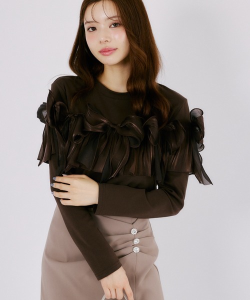 tocco closet(トッコ クローゼット)の「【ZOZO限定】オーガンジーリボン装飾トップス(Tシャツ/カットソー・レディース・ブラック/ブラウン/チャコールグレー・M)」の3枚目の写真