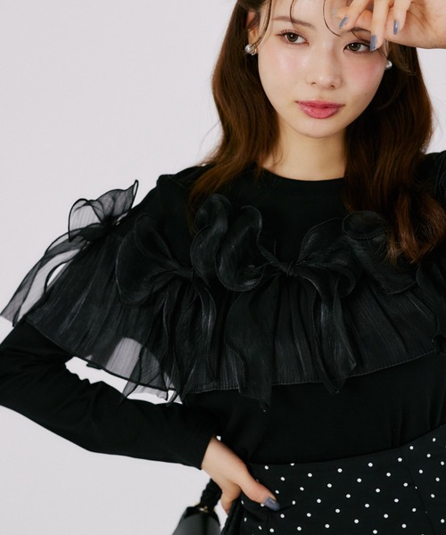 tocco closet(トッコ クローゼット)の「【ZOZO限定】オーガンジーリボン装飾トップス(Tシャツ/カットソー・レディース・ブラック/ブラウン/チャコールグレー・M)」の7枚目の写真