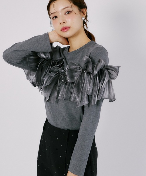 tocco closet(トッコ クローゼット)の「【ZOZO限定】オーガンジーリボン装飾トップス(Tシャツ/カットソー・レディース・ブラック/ブラウン/チャコールグレー・M)」の12枚目の写真