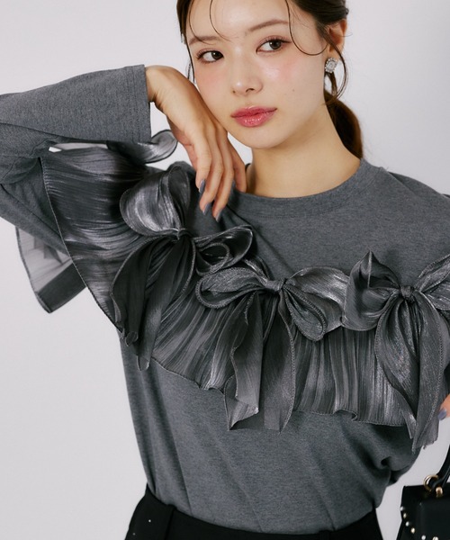 tocco closet(トッコ クローゼット)の「【ZOZO限定】オーガンジーリボン装飾トップス(Tシャツ/カットソー・レディース・ブラック/ブラウン/チャコールグレー・M)」の13枚目の写真