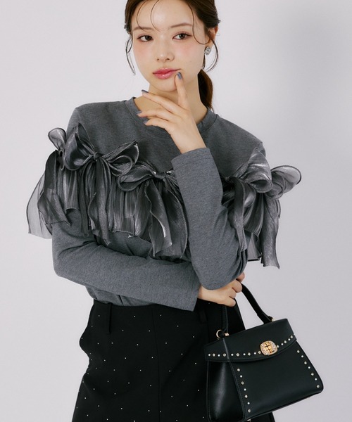 tocco closet(トッコ クローゼット)の「【ZOZO限定】オーガンジーリボン装飾トップス(Tシャツ/カットソー・レディース・ブラック/ブラウン/チャコールグレー・M)」の11枚目の写真