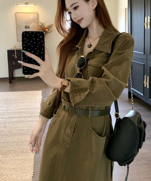 FAVORITO(ファヴォリート)の「デニム襟付きワンピース(ワンピース・レディース・カーキ・S/M/L/XL)」の2枚目の写真