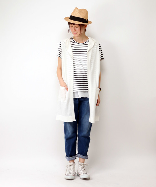 LBC（エルビーシー）の「12Gリネンコットンフードロングジレ（ベスト・レディース・ネイビー/オフホワイト・LARGE/MEDIUM）」の11枚目の写真