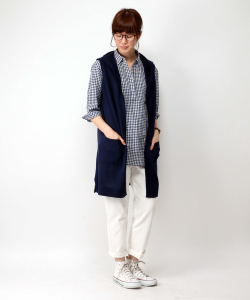 LBC（エルビーシー）の「12Gリネンコットンフードロングジレ（ベスト・レディース・ネイビー/オフホワイト・LARGE/MEDIUM）」の12枚目の写真