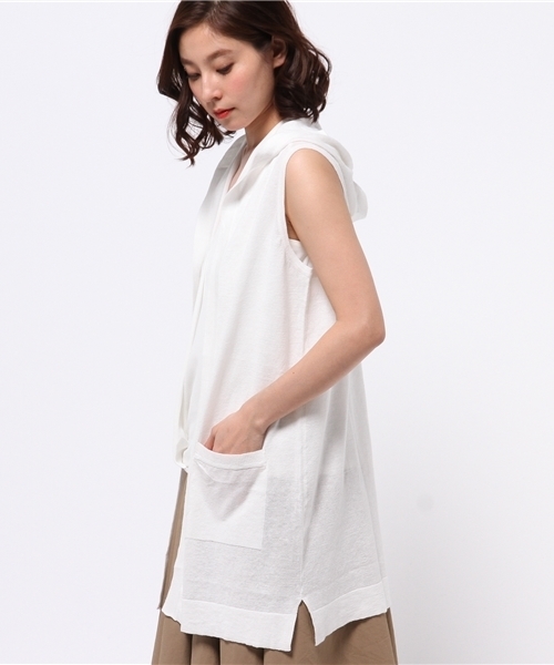 LBC（エルビーシー）の「12Gリネンコットンフードロングジレ（ベスト・レディース・ネイビー/オフホワイト・LARGE/MEDIUM）」の4枚目の写真