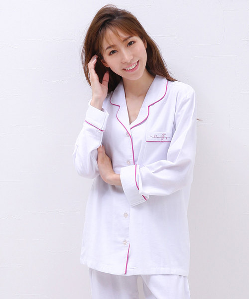 blooming FLORA（ブルーミングフローラ）の「ブルーミングフローラ　綿100％ピーチ起毛シンプルパジャマ　bloomingFLORA（ルームウェア/パジャマ・レディース・ホワイト/ネイビー/ピンク/ブルー/ホワイト×ピンク・MEDIUM）」の8枚目の写真