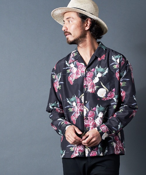 Magine(マージン)の「PE FLOWER PRINT OPEN/C SHIRTS L/S 20SS:フラワープリント オープンカラーシャツ ロングスリーブ(シャツ/ブラウス)」|ボルドー