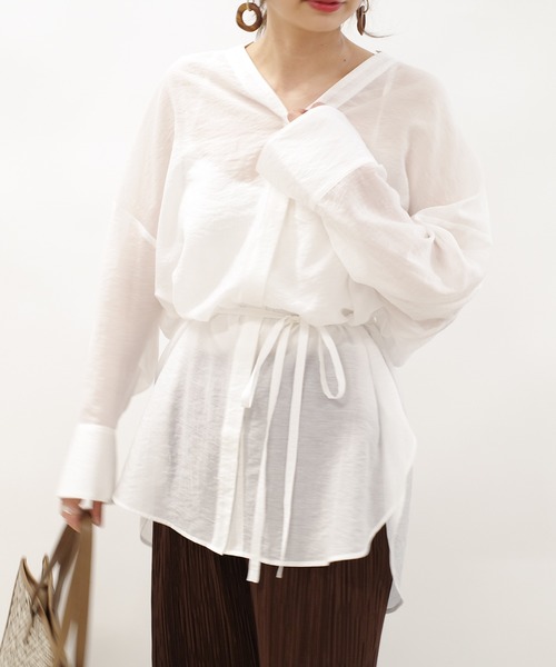 DouDou（ドゥドゥ）の「ウエストマークシアーシャツ（シャツ/ブラウス・レディース・ブラック/オフホワイト/ピンク・FREE）」の9枚目の写真