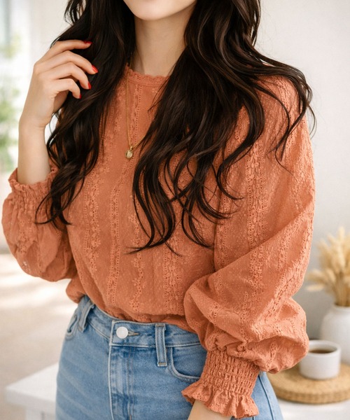 Amulet（アミュレット）の「大人気アイテム◎春も活躍♪レイヤードにも使える　フリルスタンドネックレースシフォンブラウス（シャツ/ブラウス・レディース・ホワイト/ベージュ/ブラック/ネイビー/ブラウン/グレー/ピンク/グリーン/ボルドー・M/L/XL）」の4枚目の写真