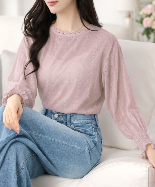 Amulet（アミュレット）の「大人気アイテム◎春も活躍♪レイヤードにも使える　フリルスタンドネックレースシフォンブラウス（シャツ/ブラウス・レディース・ホワイト/ベージュ/ブラック/ネイビー/ブラウン/グレー/ピンク/グリーン/ボルドー・M/L/XL）」の8枚目の写真