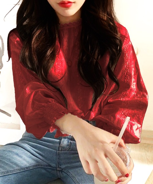 Amulet（アミュレット）の「大人気アイテム◎春も活躍♪レイヤードにも使える　フリルスタンドネックレースシフォンブラウス（シャツ/ブラウス・レディース・ホワイト/ベージュ/ブラック/ネイビー/ブラウン/グレー/ピンク/グリーン/ボルドー・M/L/XL）」の9枚目の写真