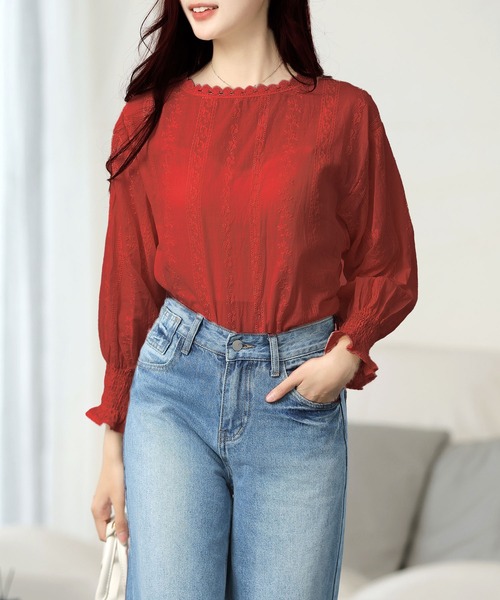 Amulet（アミュレット）の「大人気アイテム◎春も活躍♪レイヤードにも使える　フリルスタンドネックレースシフォンブラウス（シャツ/ブラウス・レディース・ホワイト/ベージュ/ブラック/ネイビー/ブラウン/グレー/ピンク/グリーン/ボルドー・M/L/XL）」の12枚目の写真