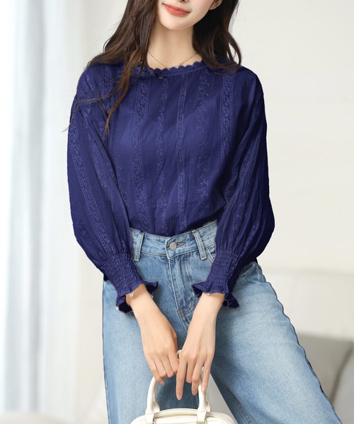 Amulet（アミュレット）の「大人気アイテム◎春も活躍♪レイヤードにも使える　フリルスタンドネックレースシフォンブラウス（シャツ/ブラウス・レディース・ホワイト/ベージュ/ブラック/ネイビー/ブラウン/グレー/ピンク/グリーン/ボルドー・M/L/XL）」の15枚目の写真