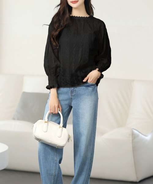 Amulet（アミュレット）の「大人気アイテム◎春も活躍♪レイヤードにも使える　フリルスタンドネックレースシフォンブラウス（シャツ/ブラウス・レディース・ホワイト/ベージュ/ブラック/ネイビー/ブラウン/グレー/ピンク/グリーン/ボルドー・M/L/XL）」の17枚目の写真