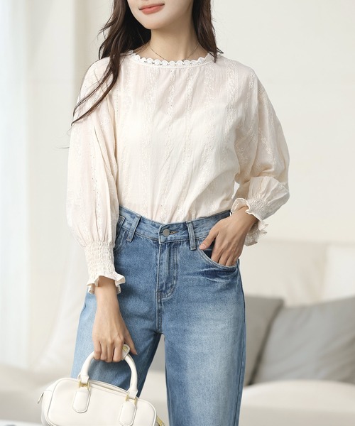 Amulet（アミュレット）の「大人気アイテム◎春も活躍♪レイヤードにも使える　フリルスタンドネックレースシフォンブラウス（シャツ/ブラウス・レディース・ホワイト/ベージュ/ブラック/ネイビー/ブラウン/グレー/ピンク/グリーン/ボルドー・M/L/XL）」の19枚目の写真