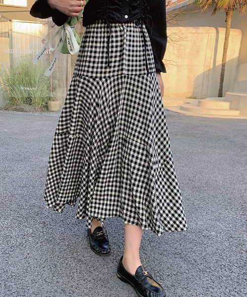 Rene / ルネ | チェック フレア ロングスカート | 36 | ピンク
