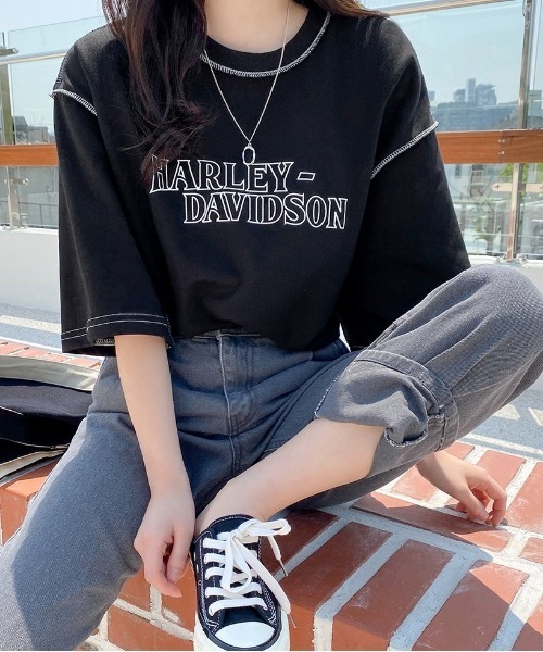 SONA（ソナ）の「SONYUNARA ステッチ半袖Tシャツ（Tシャツ/カットソー・レディース・アイボリー/ブラック/チャコールグレー/ブルー・FREE）」の9枚目の写真