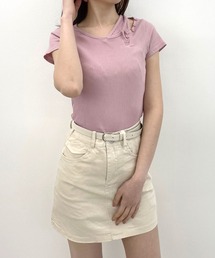 肩あき釦デザインリブニット