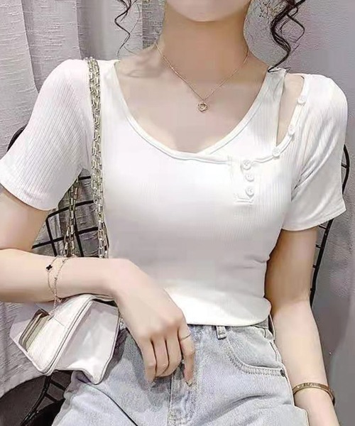 SPIGA（スピーガ）の「肩あき釦デザインリブニット（ニット/セーター・レディース・ホワイト/ピンク/イエロー・FREE）」の4枚目の写真