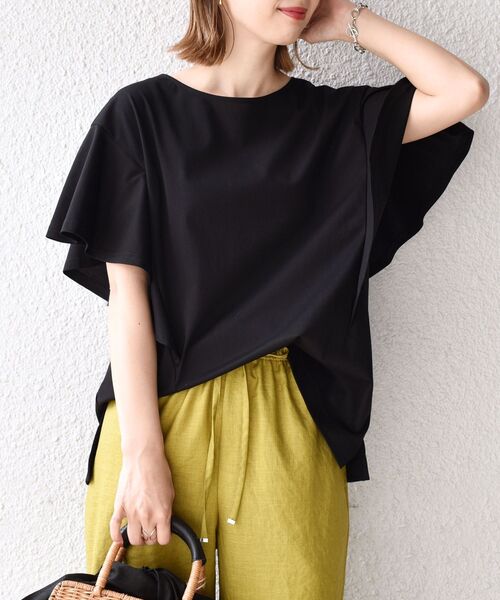 SHIPS(シップス)の「【WEB限定】布帛ライクフリルスリーブカットソー◆(Tシャツ/カットソー・レディース・オフホワイト/ブラック/ライトグレー/オリーブ・ONE SIZE)」の3枚目の写真