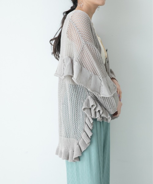 新品タグ付き　定価¥9,790 Eimee Law フリルダメージメッシュ　ニット　カーディガン セール】フリルダメージメッシュニットカーデ（カーディガン/ボレロ