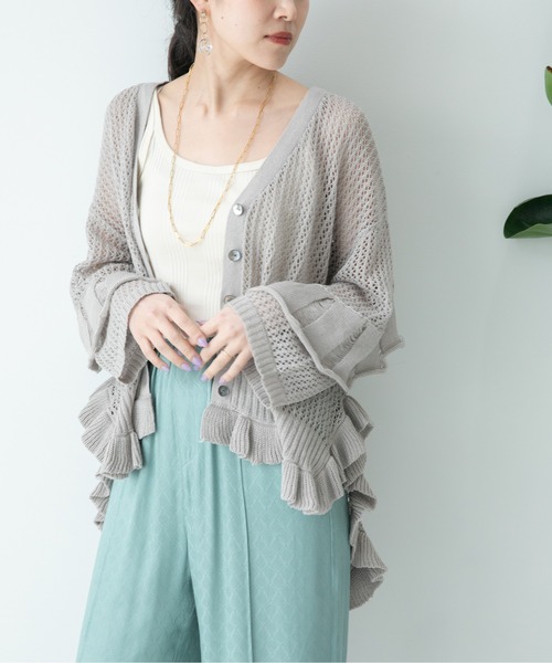 新品タグ付き　定価¥9,790 Eimee Law フリルダメージメッシュ　ニット　カーディガン セール】フリルダメージメッシュニットカーデ（カーディガン/ボレロ