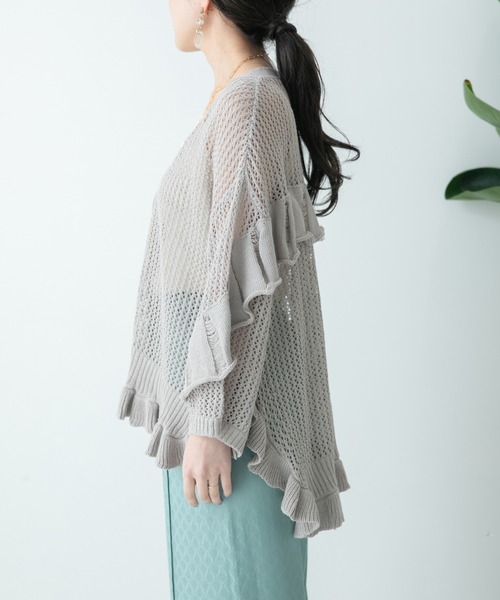 新品タグ付き　定価¥9,790 Eimee Law フリルダメージメッシュ　ニット　カーディガン セール】フリルダメージメッシュニットカーデ（カーディガン/ボレロ