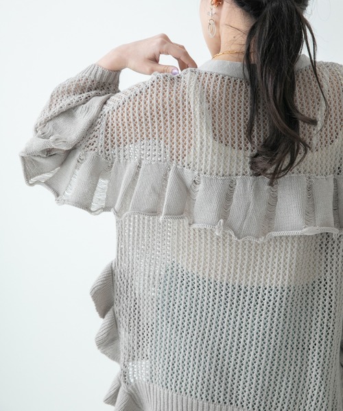 新品タグ付き　定価¥9,790 Eimee Law フリルダメージメッシュ　ニット　カーディガン セール】フリルダメージメッシュニットカーデ（カーディガン/ボレロ