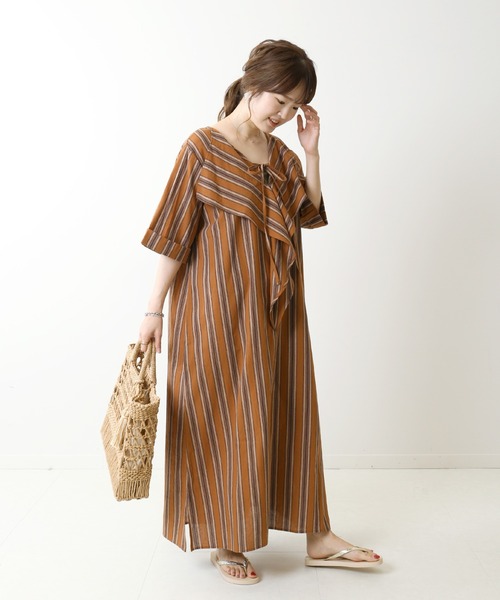 Simplicite(サンプリシテ)の「マルチストライプラッフルワンピース◆(ワンピース・レディース・オレンジ/グリーン・FREE)」の6枚目の写真