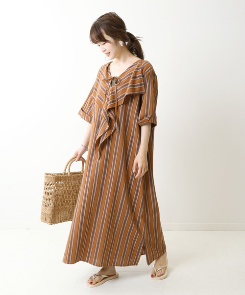 Simplicite(サンプリシテ)の「マルチストライプラッフルワンピース◆(ワンピース・レディース・オレンジ/グリーン・FREE)」の17枚目の写真