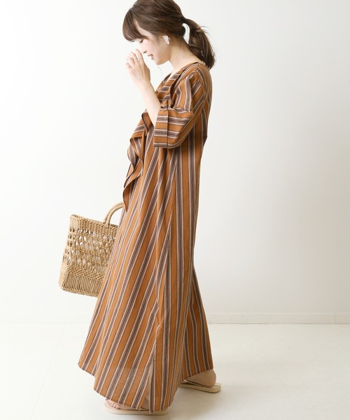 Simplicite(サンプリシテ)の「マルチストライプラッフルワンピース◆(ワンピース・レディース・オレンジ/グリーン・FREE)」の8枚目の写真