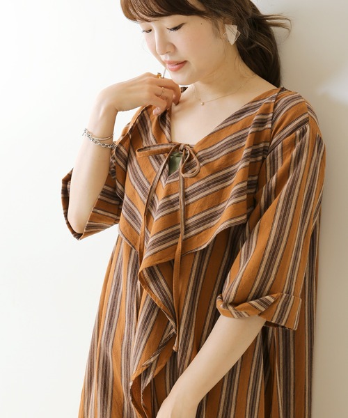 ワンピースマルチストライプラッフルワンピース ワンピース Simplicite シンプリシテェ のファッション