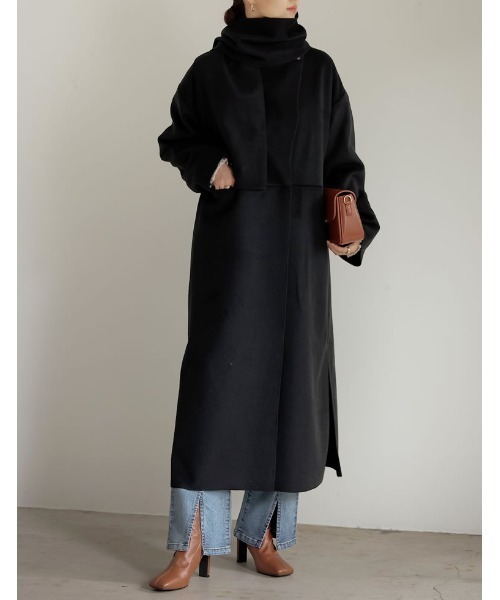 Re:EDIT（リエディ）の「[低身長/高身長サイズ有][2点セット]カットメルトンマフラー付きロングコート（チェスターコート・レディース・ベージュ/グリーン/モカ/ブラック・LARGE/MEDIUM/TALL/SHORT）」の7枚目の写真