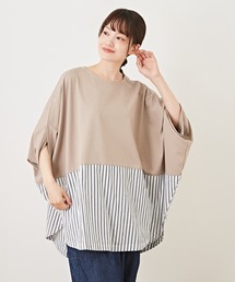 CUBE SUGAR（キューブシュガー）の「WEB限定天竺ストライプシャツ配色袖ボタンチュニック（Tシャツ/カットソー）」