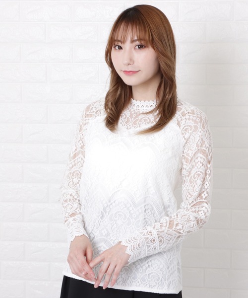 Lace Ladies(レースレディース)の「総レースプチハイネックシアーブラウス(Tシャツ/カットソー・レディース・ホワイト/ピンク・L/M/XL)」の2枚目の写真