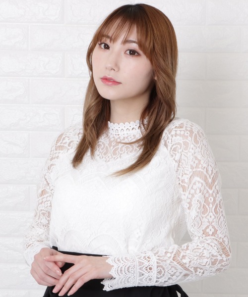 Lace Ladies(レースレディース)の「総レースプチハイネックシアーブラウス(Tシャツ/カットソー・レディース・ホワイト/ピンク・L/M/XL)」の4枚目の写真