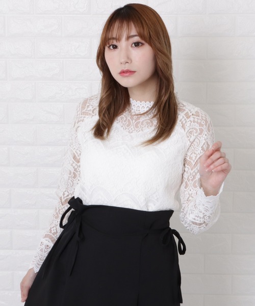 Lace Ladies(レースレディース)の「総レースプチハイネックシアーブラウス(Tシャツ/カットソー・レディース・ホワイト/ピンク・L/M/XL)」の5枚目の写真