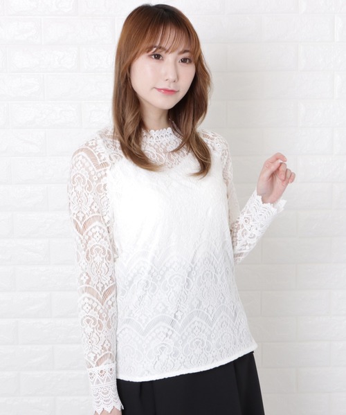 Lace Ladies(レースレディース)の「総レースプチハイネックシアーブラウス(Tシャツ/カットソー・レディース・ホワイト/ピンク・L/M/XL)」の6枚目の写真