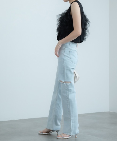 HEILIS(ヘイリス)の「ハイウエストダメージデニムパンツ / ストレート セミワイド(デニムパンツ・レディース・ブルー・S/M)」の15枚目の写真