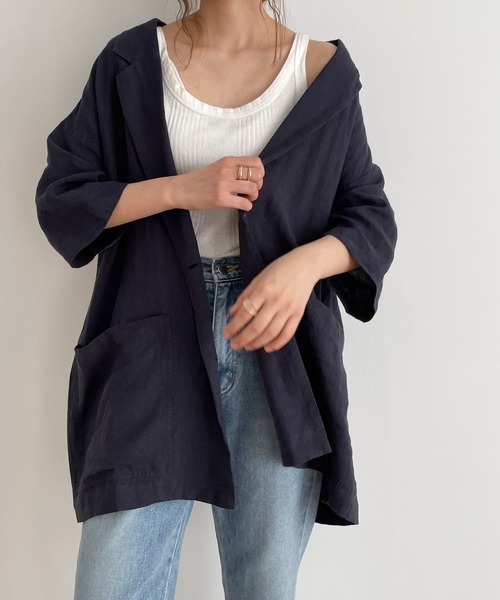 CANAL JEAN（キャナルジーン）の「RED CHOP WORKS(レッドチョップワークス) リネンハーフスリーブジャケット（シャツ/ブラウス・レディース・ホワイト/ベージュ/ネイビー・ONE SIZE）」の3枚目の写真