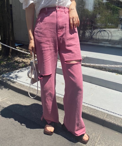 one after another NICE CLAUP（ワンアフターアナザーナイスクラップ）の「【S,Mサイズ】カッティングワイドデニムパンツ（デニムパンツ・レディース・ライトブルー/ネイビー/ピンク/ブルー・SMALL/MEDIUM）」の14枚目の写真