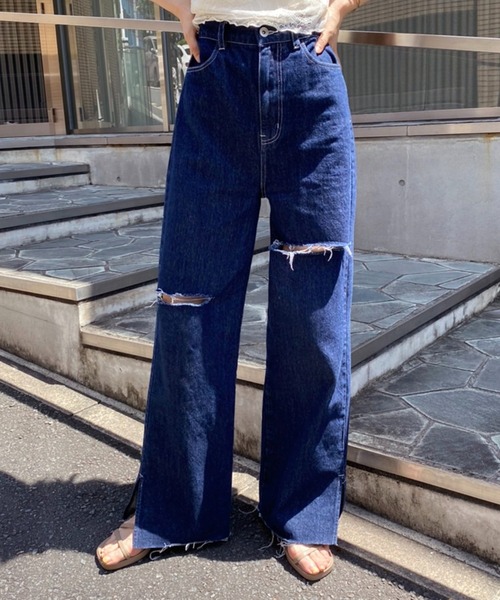 one after another NICE CLAUP（ワンアフターアナザーナイスクラップ）の「【S,Mサイズ】カッティングワイドデニムパンツ（デニムパンツ・レディース・ライトブルー/ネイビー/ピンク/ブルー・SMALL/MEDIUM）」の15枚目の写真