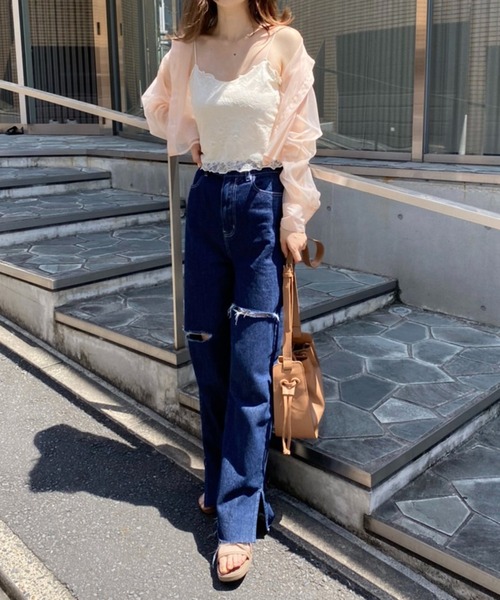 one after another NICE CLAUP（ワンアフターアナザーナイスクラップ）の「【S,Mサイズ】カッティングワイドデニムパンツ（デニムパンツ・レディース・ライトブルー/ネイビー/ピンク/ブルー・SMALL/MEDIUM）」の18枚目の写真