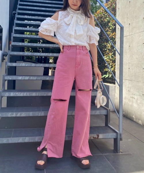 one after another NICE CLAUP（ワンアフターアナザーナイスクラップ）の「【S,Mサイズ】カッティングワイドデニムパンツ（デニムパンツ・レディース・ライトブルー/ネイビー/ピンク/ブルー・SMALL/MEDIUM）」の22枚目の写真