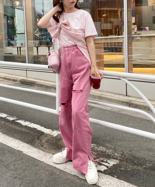 one after another NICE CLAUP（ワンアフターアナザーナイスクラップ）の「【S,Mサイズ】カッティングワイドデニムパンツ（デニムパンツ・レディース・ライトブルー/ネイビー/ピンク/ブルー・SMALL/MEDIUM）」の20枚目の写真