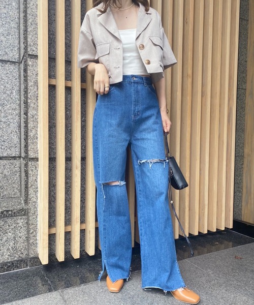 one after another NICE CLAUP（ワンアフターアナザーナイスクラップ）の「【S,Mサイズ】カッティングワイドデニムパンツ（デニムパンツ・レディース・ライトブルー/ネイビー/ピンク/ブルー・SMALL/MEDIUM）」の9枚目の写真